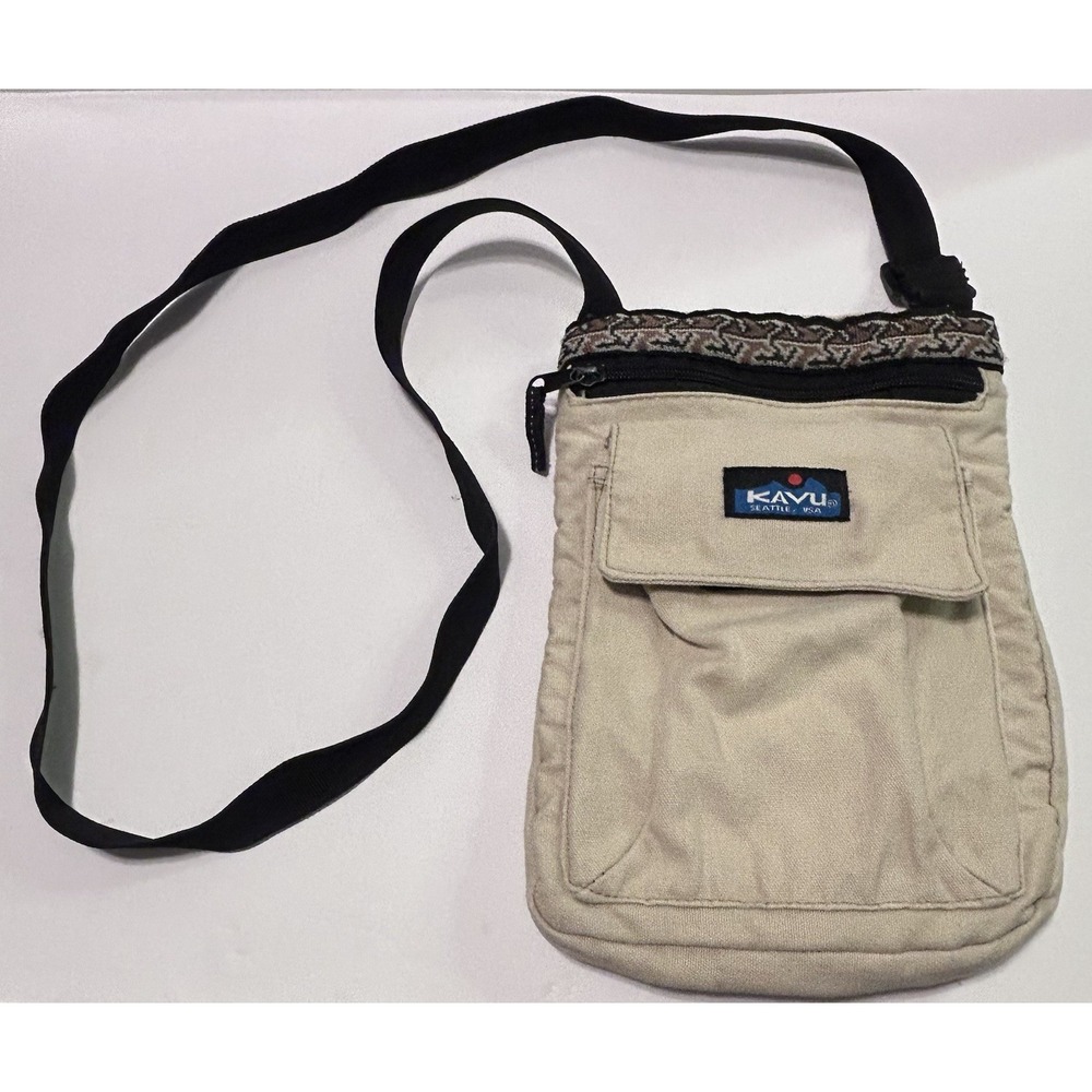 Kavu Crossbody Bag Purse Canvas Natural Tan Aztec Open Top Pockets Messenger Bag